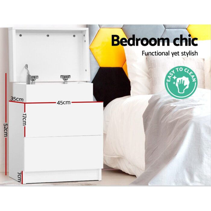 Artiss Bedside Table 2 Drawers Lift-up Storage - COLEY White - Image 4