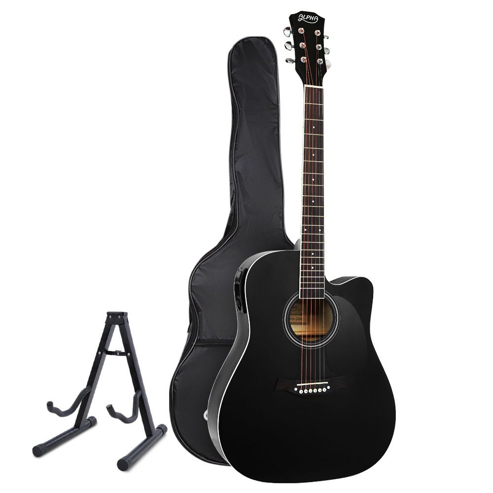 GUITAR-D-41-EQ-BK-CAPO-18362-00 Alpha 41 Inch Acoustic Guitar Equaliser Electric Output Cutaway w/ Stand Black - Image 1