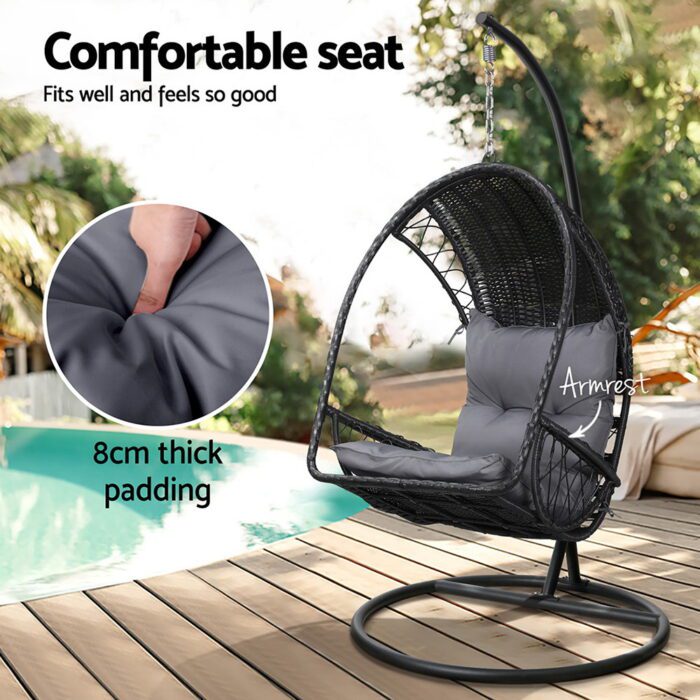 Gardeon Outdoor Egg Swing Chair Wicker Furniture Pod Stand Armrest Black - Image 5