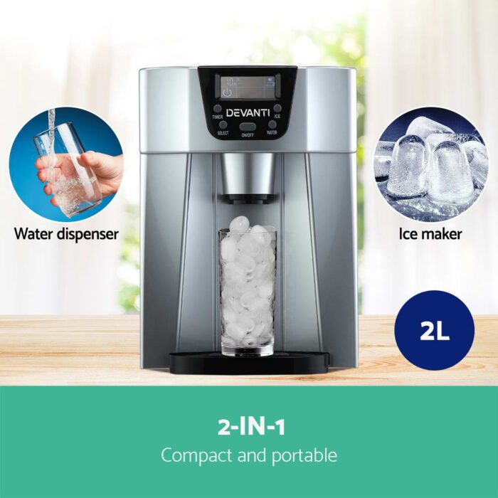 Devanti 2L Portable Ice Cuber Maker & Water Dispenser - Silver - Image 3