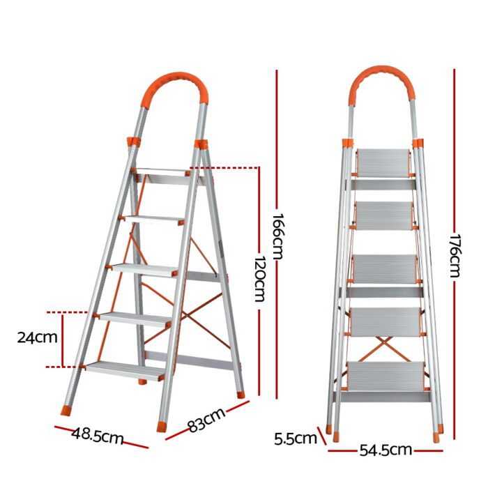 Giantz 5 Step Ladder Multi-Purpose Folding Aluminium Light Weight Non Slip Platform - Image 2