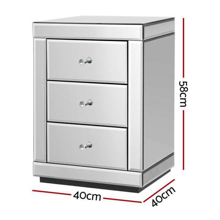 Artiss Bedside Table 3 Drawers Mirrored - PRESIA Silver - Image 2
