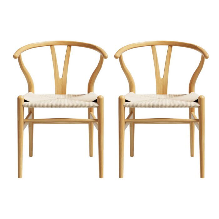 1 Set of 2 Artiss Dining Chairs Wooden Rattan Seat Wishbone Back - Image 3