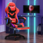 Oikiture Racing Gaming Chair 7 RGB LED 8 Points Massage Black&Red - Image 4