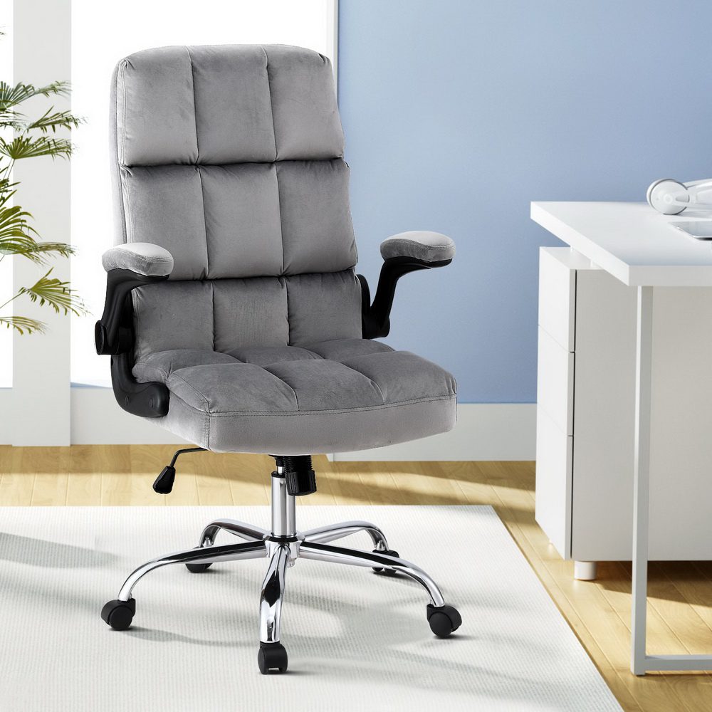 OCHAIR-H-FZ40-GY-210284-06 Artiss Office Chair Velvet Seat Racing Gaming Computer Desk Chairs Armrest Grey - Image 1
