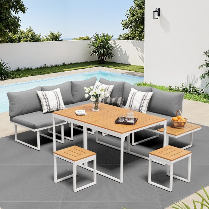 Livsip 7 Seater Outdoor Dining Set Sofa Lounge Patio Table Stool White - Image 6