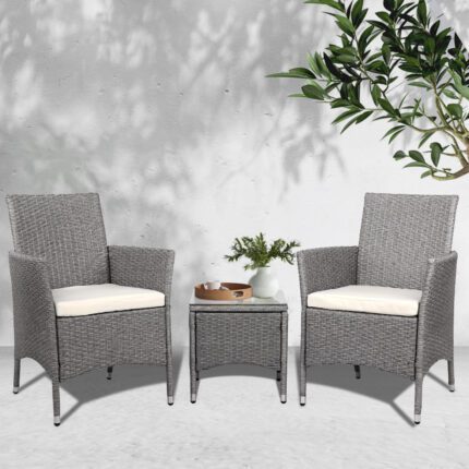 Gardeon 3PC Outdoor Bistro Set Patio Furniture Wicker Setting Chairs Table Cushion Grey