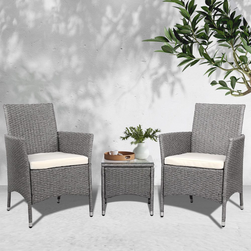 ODF-BISTRO-RATTAN-GE-202502281614-00 Gardeon 3PC Outdoor Bistro Set Patio Furniture Wicker Setting Chairs Table Cushion Grey - Image 1