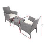 Gardeon 3PC Outdoor Bistro Set Patio Furniture Wicker Setting Chairs Table Cushion Grey - Image 2