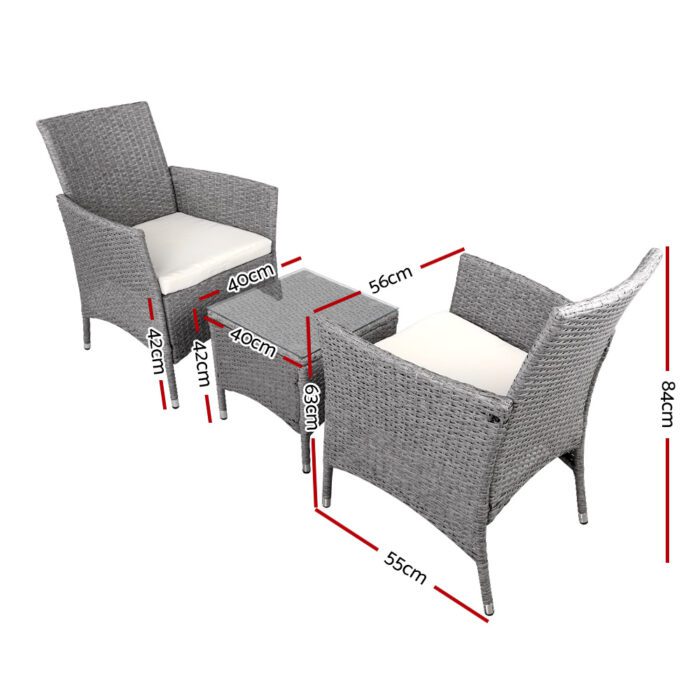 Gardeon 3PC Outdoor Bistro Set Patio Furniture Wicker Setting Chairs Table Cushion Grey - Image 2