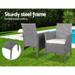 Gardeon 3PC Outdoor Bistro Set Patio Furniture Wicker Setting Chairs Table Cushion Grey - Image 3