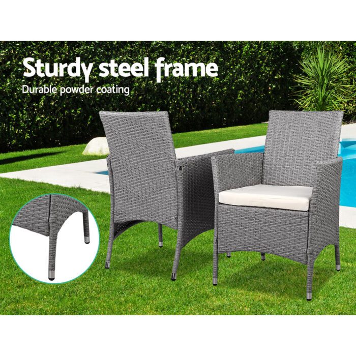 Gardeon 3PC Outdoor Bistro Set Patio Furniture Wicker Setting Chairs Table Cushion Grey - Image 3