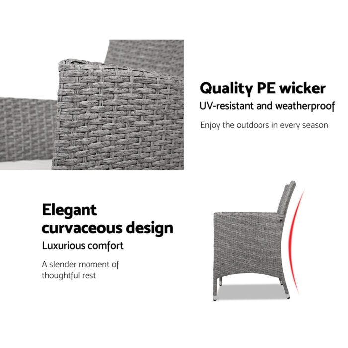 Gardeon 3PC Outdoor Bistro Set Patio Furniture Wicker Setting Chairs Table Cushion Grey - Image 4