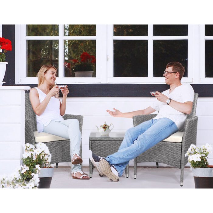 Gardeon 3PC Outdoor Bistro Set Patio Furniture Wicker Setting Chairs Table Cushion Grey - Image 5