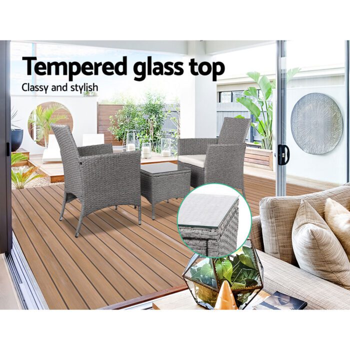 Gardeon 3PC Outdoor Bistro Set Patio Furniture Wicker Setting Chairs Table Cushion Grey - Image 6