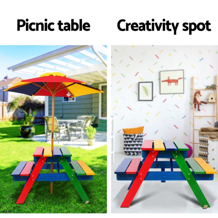Keezi Kids Wooden Picnic Table Set with Umbrella - Image 5