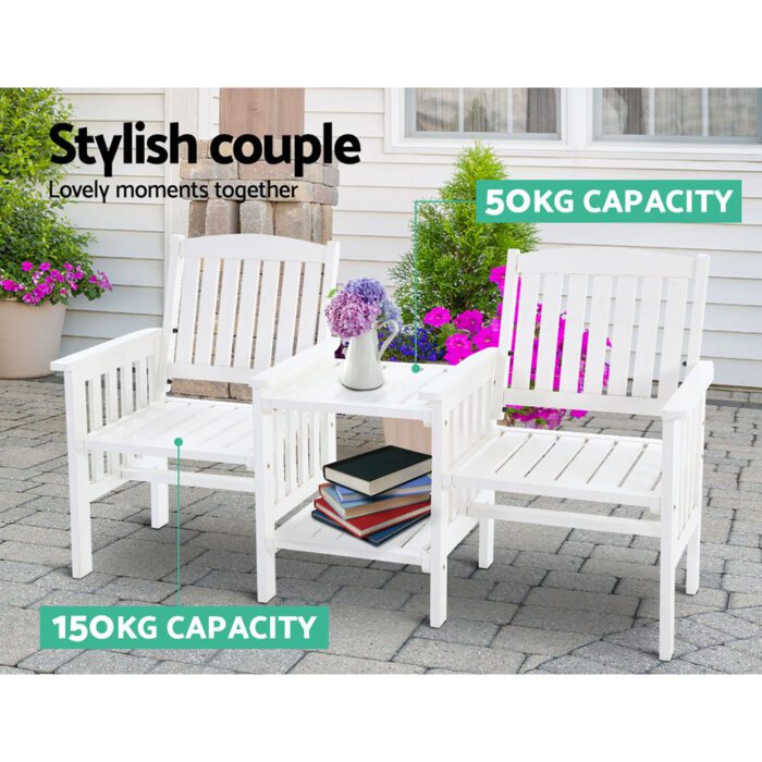 Gardeon Outdoor Garden Bench Loveseat Wooden Table Chairs Patio Furniture White - Image 3