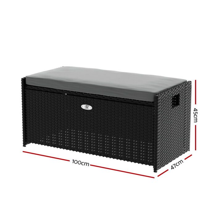 Gardeon Outdoor Storage Bench Box Wicker Garden Sheds Tools Cushion Patio Furniture Black - Image 2