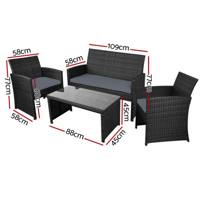 Gardeon 4 PCS Outdoor Sofa Set with Storage Cover Rattan Chair Furniture Black - Image 2