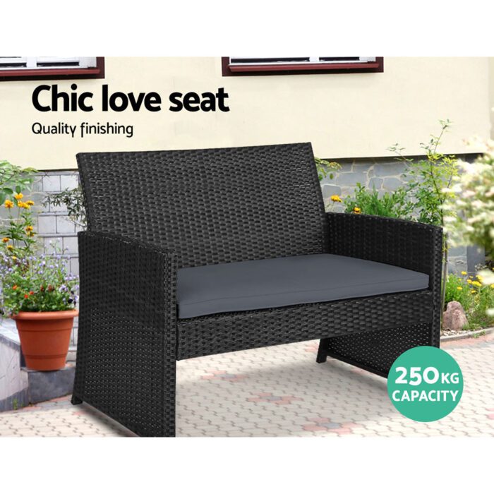 Gardeon 4 PCS Outdoor Sofa Set with Storage Cover Rattan Chair Furniture Black - Image 4