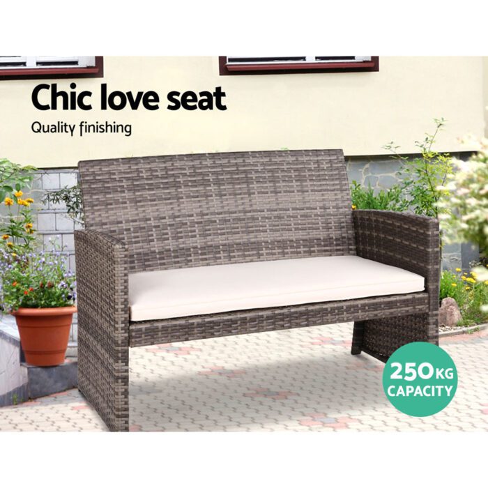 Gardeon 4 PCS Outdoor Sofa Set with Storage Cover Rattan Chair Furniture Grey - Image 4