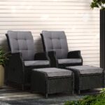 Gardeon 2PC Recliner Chair Sun lounge Wicker Lounger Outdoor Furniture Adjustable Black