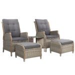 Gardeon 5PC Recliner Chairs Table Sun lounge Wicker Outdoor Furniture Adjustable Grey - Image 2