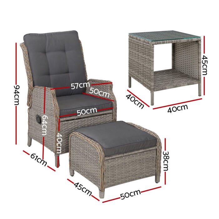 Gardeon 5PC Recliner Chairs Table Sun lounge Wicker Outdoor Furniture Adjustable Grey - Image 3