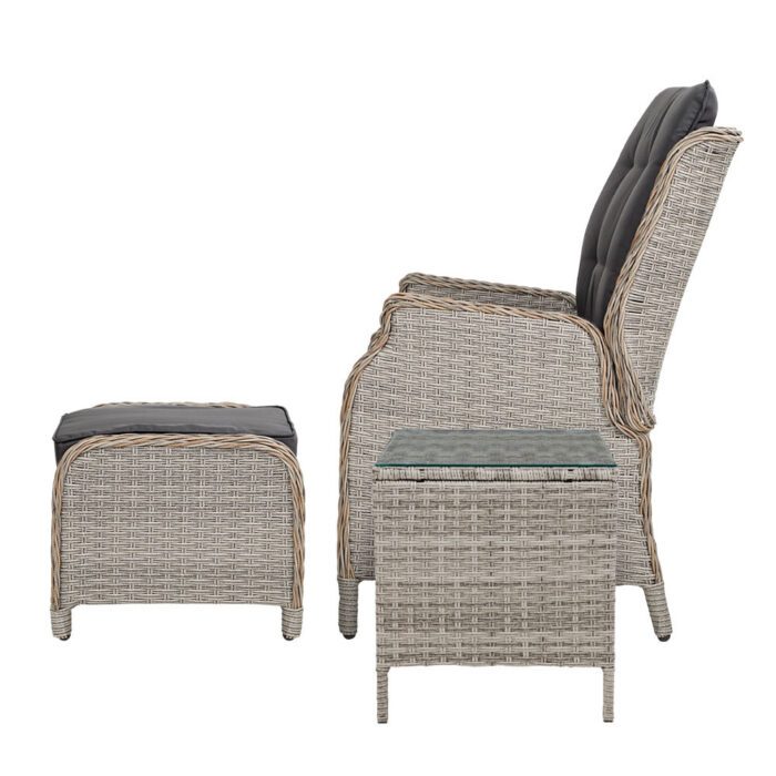 Gardeon 5PC Recliner Chairs Table Sun lounge Wicker Outdoor Furniture Adjustable Grey - Image 5