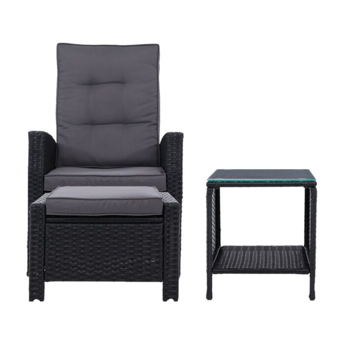 Gardeon 3PC Recliner Chairs Table Sun lounge Wicker Outdoor Furniture Adjustable Black - Image 3