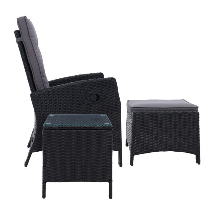 Gardeon 3PC Recliner Chairs Table Sun lounge Wicker Outdoor Furniture Adjustable Black - Image 4