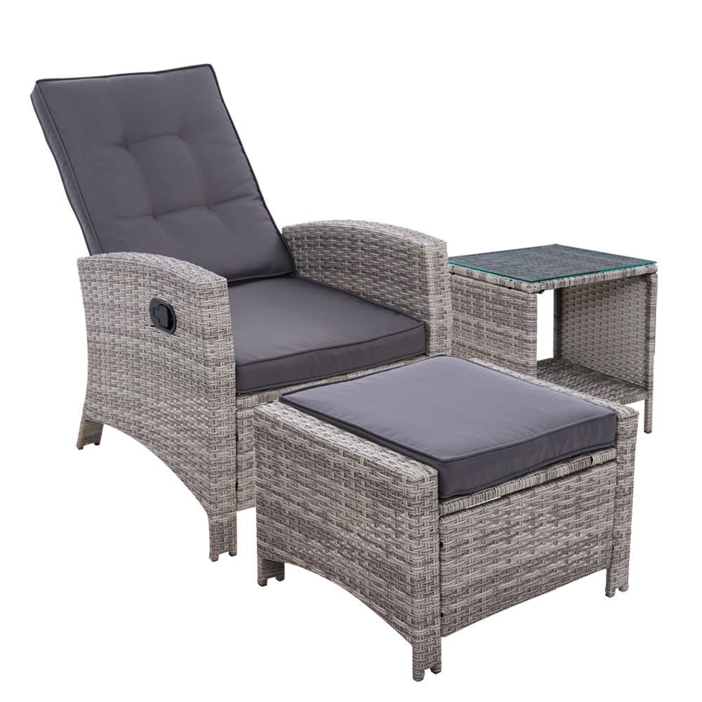 ODF-RECLINER-CHOTTB-3GE-00 Gardeon 3PC Recliner Chairs Table Sun lounge Wicker Outdoor Furniture Adjustable Grey - Image 1