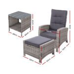 Gardeon 3PC Recliner Chairs Table Sun lounge Wicker Outdoor Furniture Adjustable Grey - Image 2