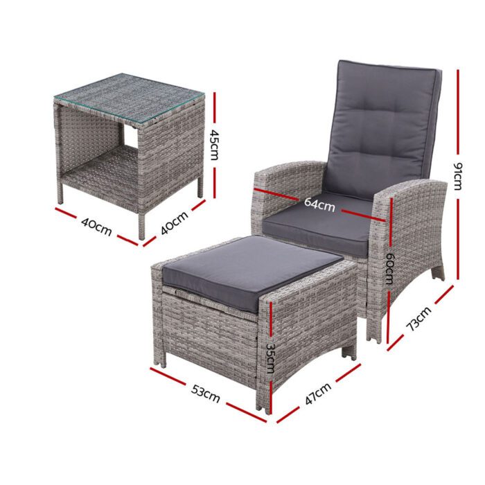 Gardeon 3PC Recliner Chairs Table Sun lounge Wicker Outdoor Furniture Adjustable Grey - Image 2