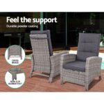 Gardeon 3PC Recliner Chairs Table Sun lounge Wicker Outdoor Furniture Adjustable Grey - Image 5