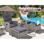 Gardeon 5PC Recliner Chairs Table Sun lounge Wicker Outdoor Furniture Adjustable Grey - Image 3