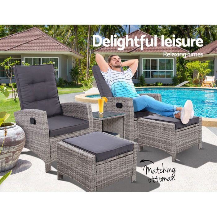 Gardeon 5PC Recliner Chairs Table Sun lounge Wicker Outdoor Furniture Adjustable Grey - Image 3
