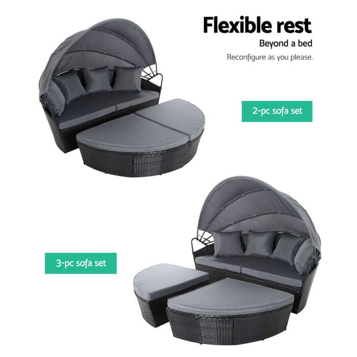 Gardeon Sun Lounge Setting Wicker Lounger Day Bed Outdoor Furniture Patio Black - Image 5
