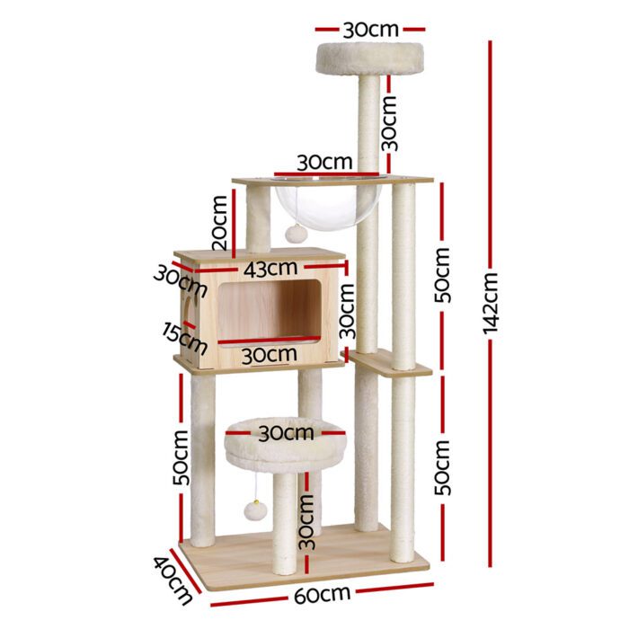i.Pet Cat Tree Tower Scratching Post Scratcher 142cm Wood Bed Condo House - Image 2