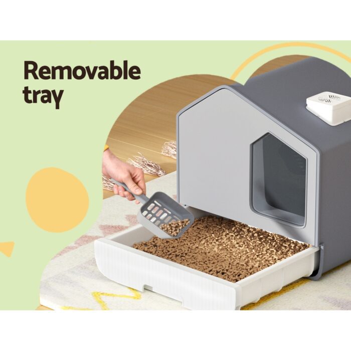 i.Pet Cat Litter Box Large Tray Kitty Toilet Enclosed Cat Litter Box Hooded Scoop Mat Grey - Image 5