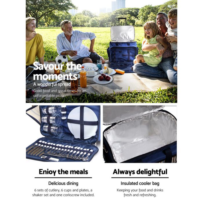 Alfresco 6 Person Picnic Basket Set Bag Wheels Insulated Trolley - Image 5