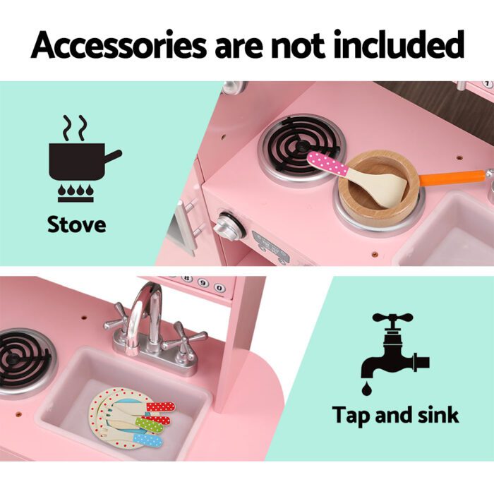Keezi Kids Kitchen Play Set Wooden Pretend Toys Cooking Children Storage Pink - Image 5
