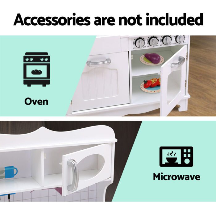 Keezi Kids Kitchen Play Set Wooden Pretend Toys Cooking Children Storage White - Image 4