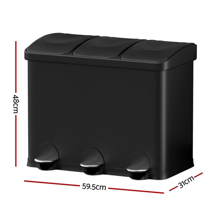 Cefito Pedal Bins Rubbish Bin Triple Compartments Waste Recycle Dustbins 45L - Image 2