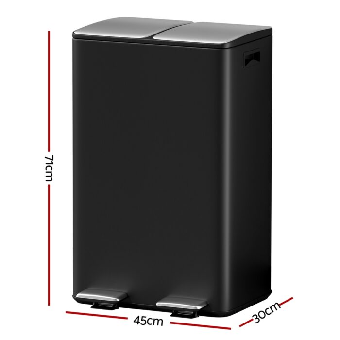 Cefito Pedal Bins Rubbish Bin Dual Compartment Waste Recycle Dustbins 60L Black - Image 2