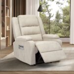Oikiture Recliner Chair Padded Lounge With Side Pocket Polyester Beige - Image 3