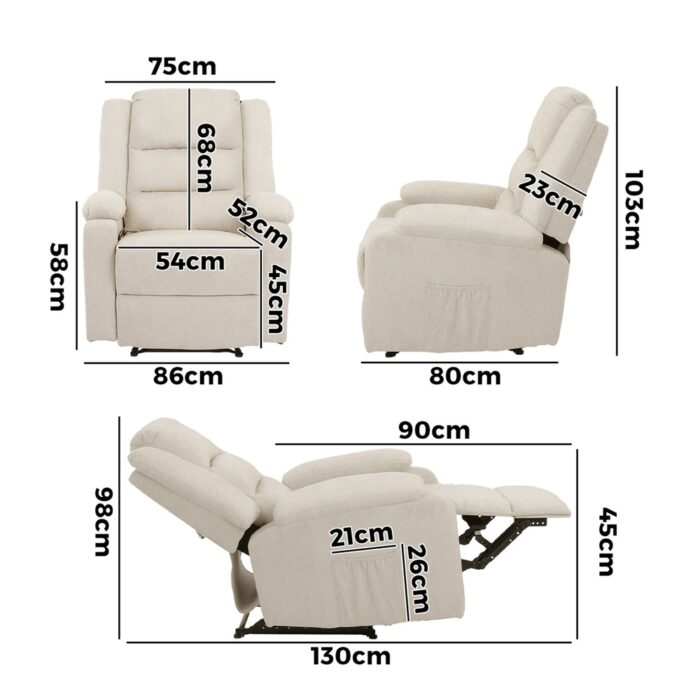 Oikiture Recliner Chair Padded Lounge With Side Pocket Polyester Beige - Image 2