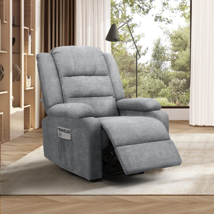 Oikiture Recliner Chair Padded Lounge With Side Pocket Polyester Grey - Image 8