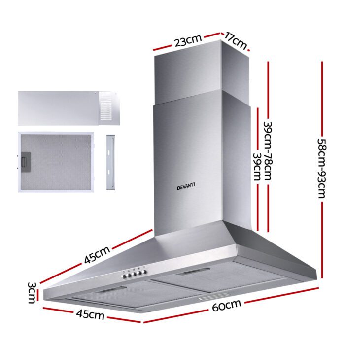 Devanti 600mm Range Hood 60cm Rangehood Stainless Steel - Image 2