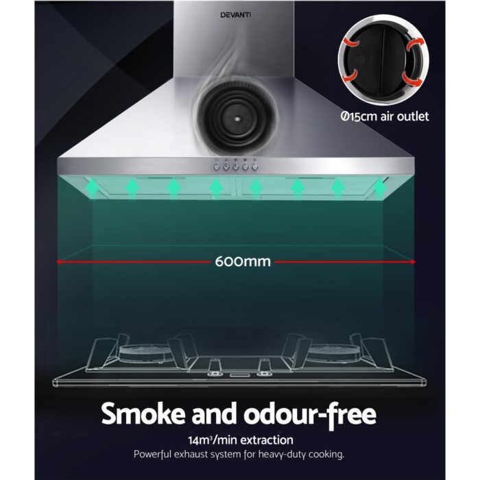 Devanti 600mm Range Hood 60cm Rangehood Stainless Steel - Image 3